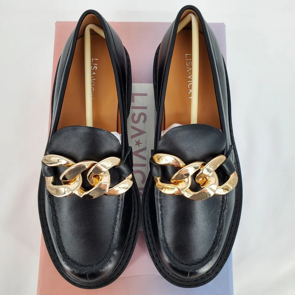 Lisa Vicky Womens Size 6.5M Pep-V Chunky Moc Toe Loafer Black‎ Chunky Chain New